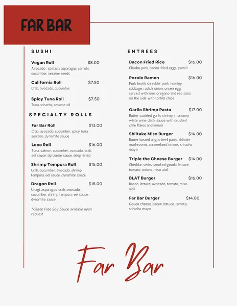 menu of Far Bar