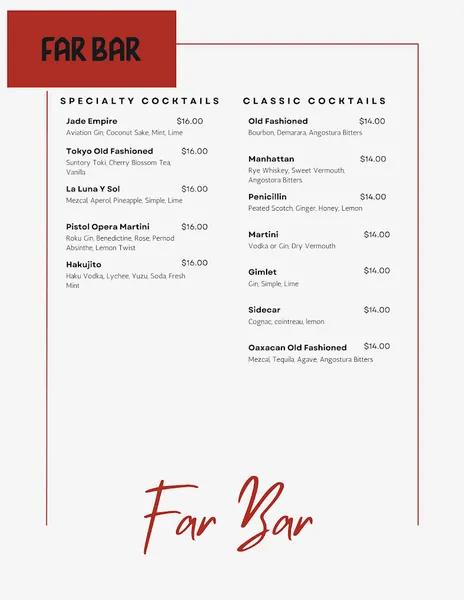 menu of Far Bar