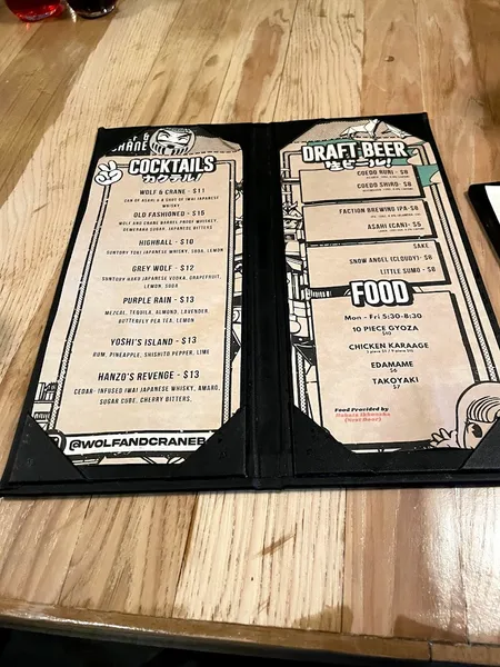 menu of Wolf & Crane Bar