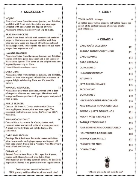 menu of Caña Rum Bar