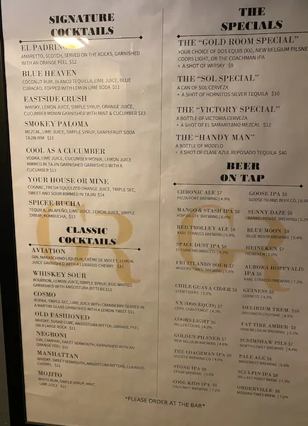 menu of Gold Room