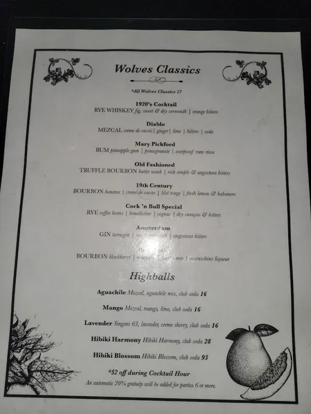 menu of The Wolves