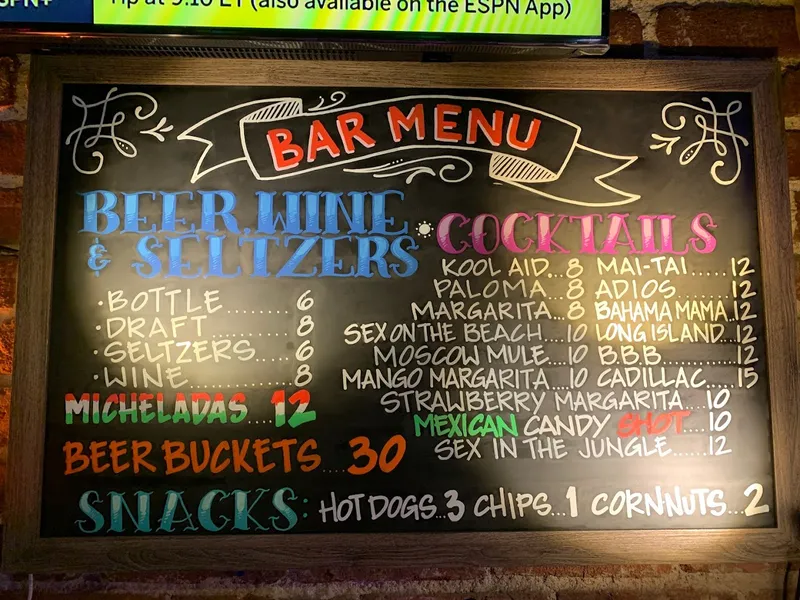 menu of Mal's Bar