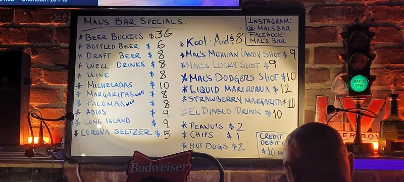 menu of Mal's Bar