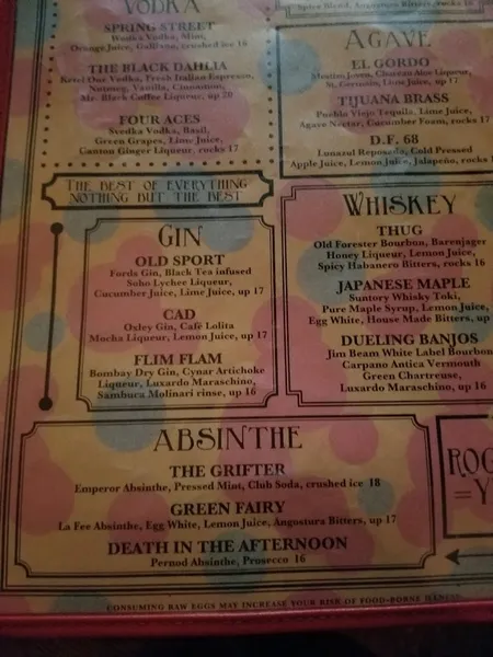 menu of The Roger Room