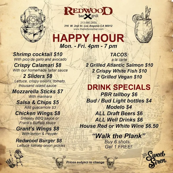 menu of The Redwood Bar & Grill