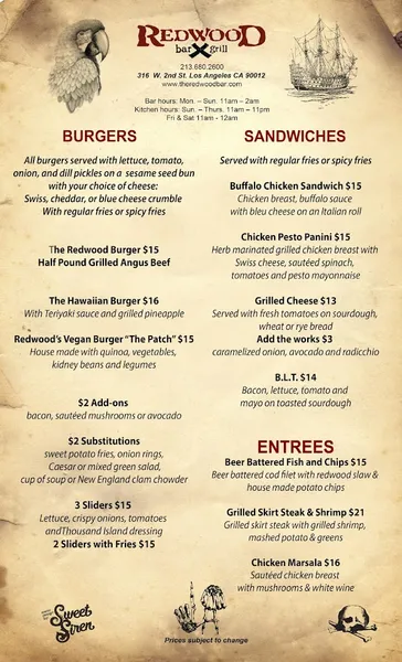 menu of The Redwood Bar & Grill