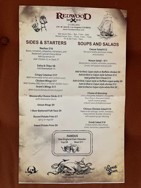 menu of The Redwood Bar & Grill