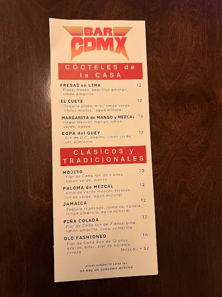 menu of Bar CDMX