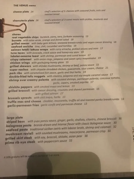 menu of The Venue