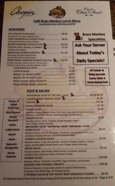 menu of Cafe Brass Monkey