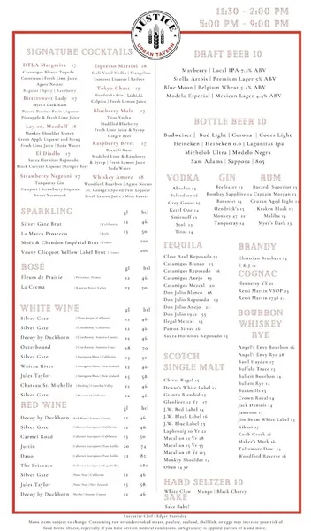 menu of Justice Urban Tavern