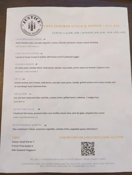 menu of Justice Urban Tavern