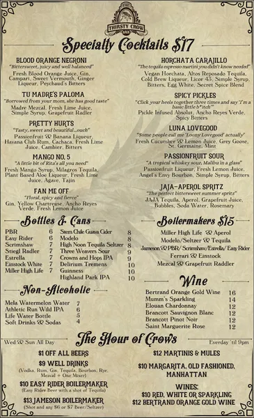 menu of The Thirsty Crow