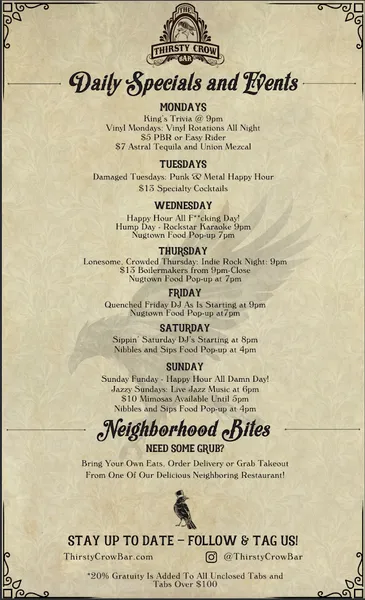 menu of The Thirsty Crow