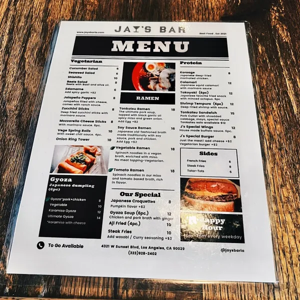 menu of Jay's Bar