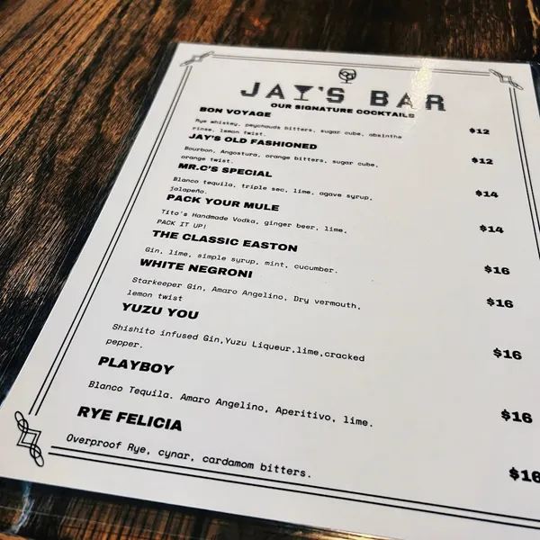 menu of Jay's Bar