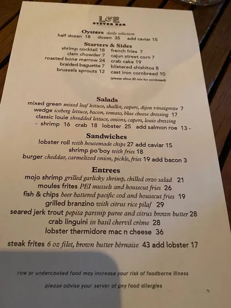 menu of L & E Oyster Bar