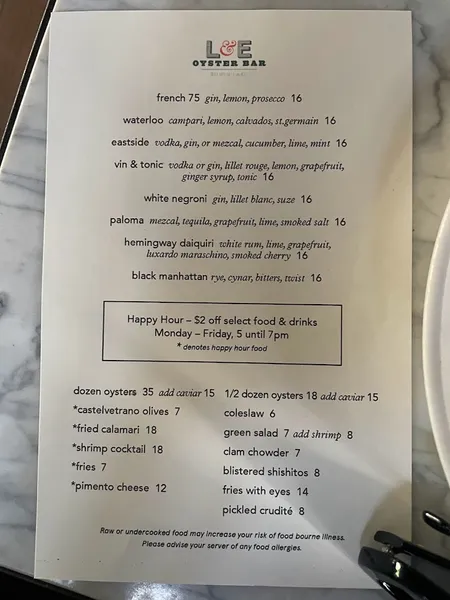 menu of L & E Oyster Bar