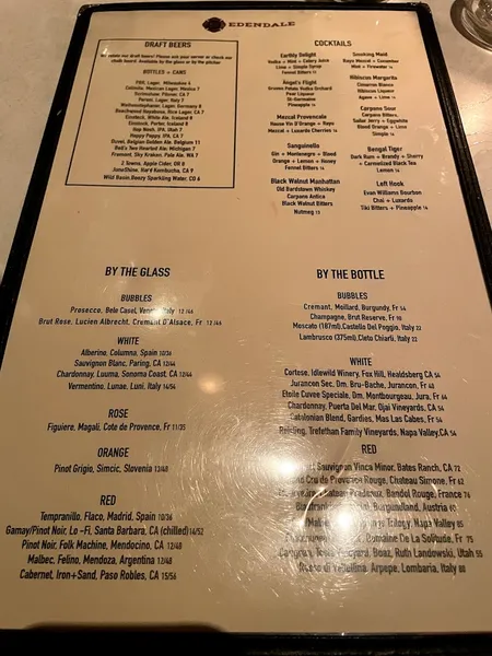 menu of Edendale Restaurant and Bar