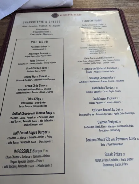 menu of Edendale Restaurant and Bar