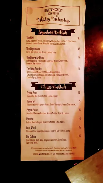 menu of the Attic