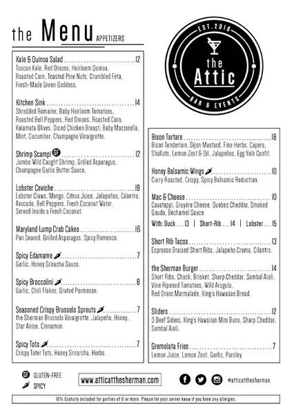 menu of the Attic