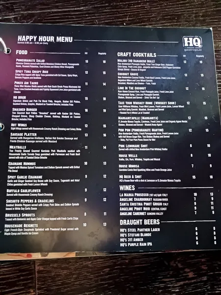 menu of HQ Gastropub - Woodland Hills