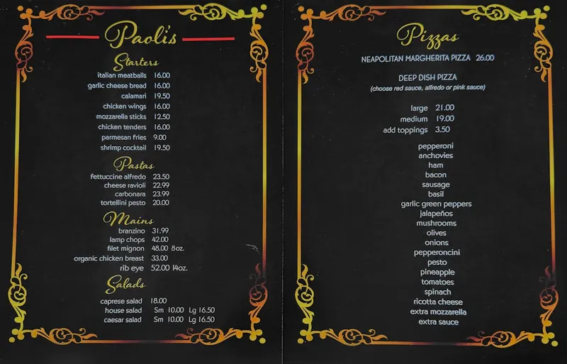 menu of Paoli's Italian Restaurant & Karaoke Bar