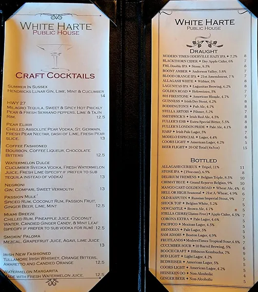 menu of White Harte Public House