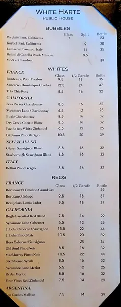 menu of White Harte Public House