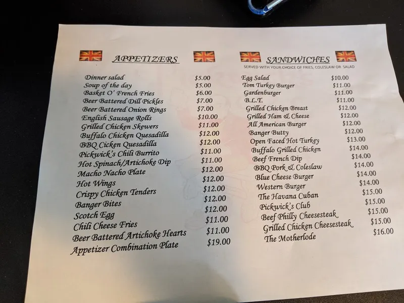 menu of Pickwick's Pub