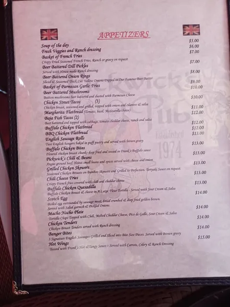 menu of Pickwick's Pub