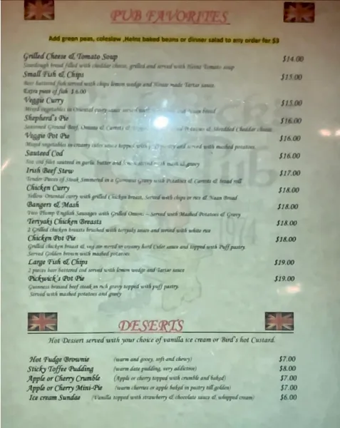 menu of Pickwick's Pub