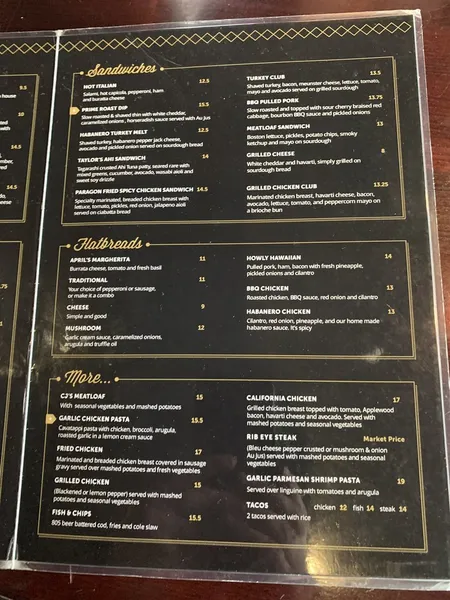 menu of Paragon Bar and Grill