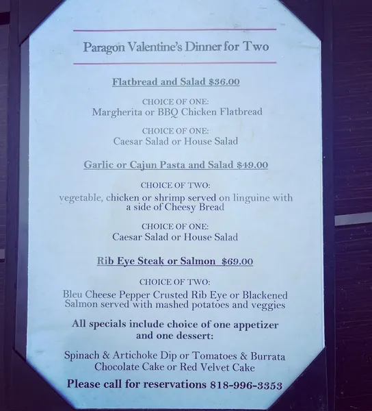 menu of Paragon Bar and Grill