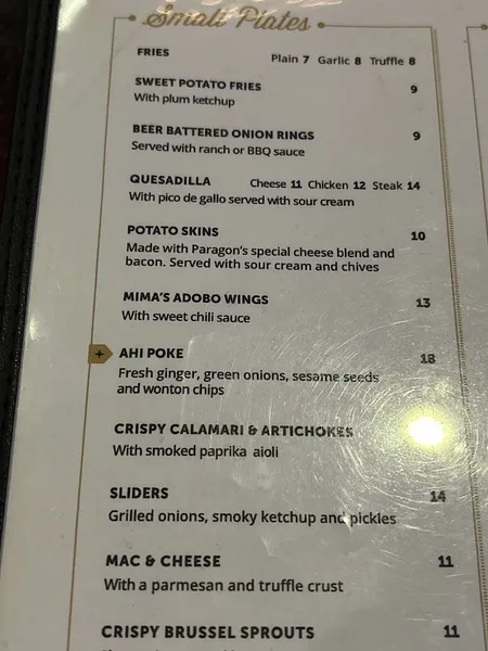 menu of Paragon Bar and Grill