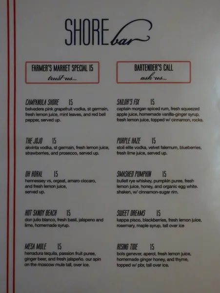 menu of SHOREbar