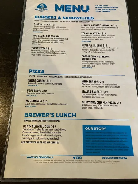 menu of The Pub at Golden Road- Atwater Village