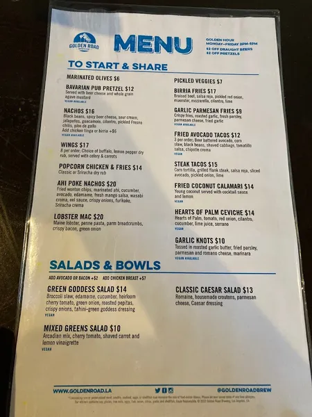 menu of The Pub at Golden Road- Atwater Village