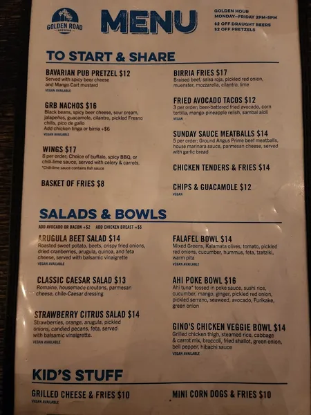 menu of The Pub at Golden Road- Atwater Village