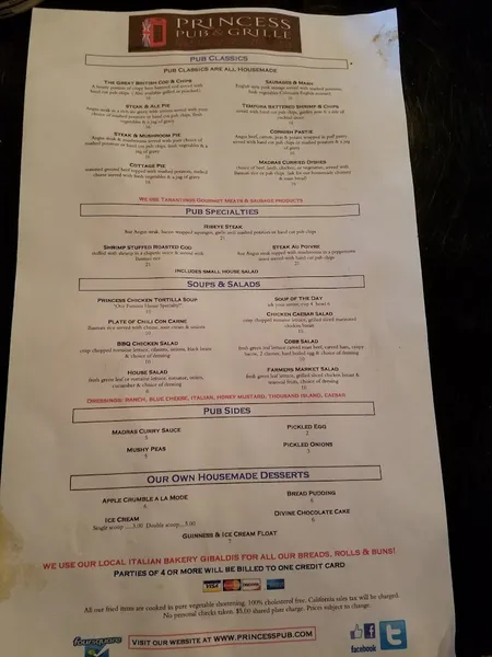 menu of Princess Pub & Grille