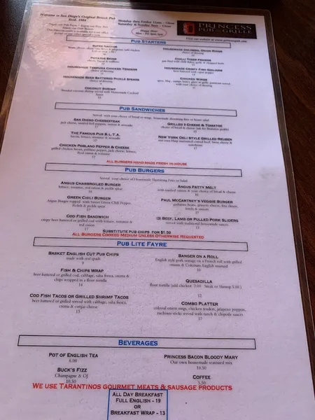 menu of Princess Pub & Grille