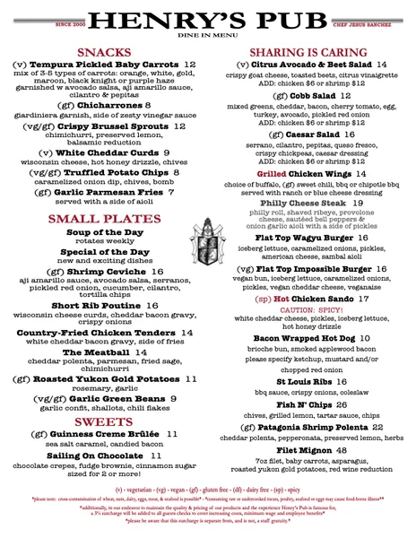 menu of Henry's Pub