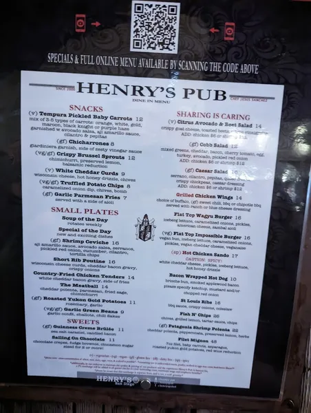 menu of Henry's Pub