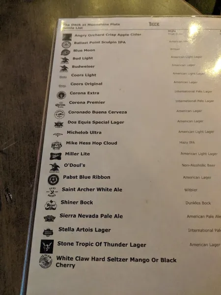 menu of Moonshine Flats