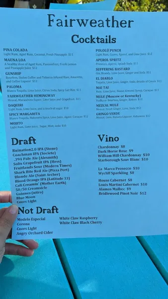 menu of Fairweather Rooftop Bar