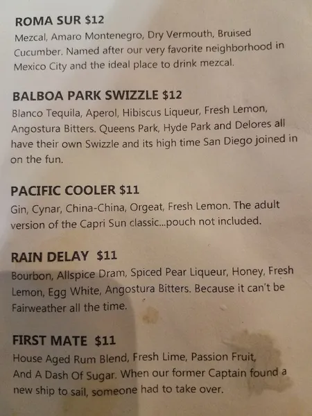 menu of Fairweather Rooftop Bar