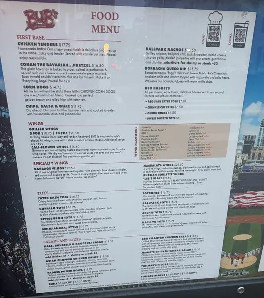 menu of Bub's at the Ballpark