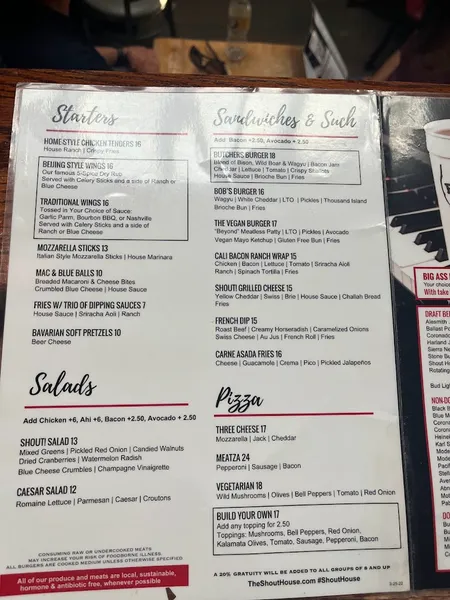 menu of The Shout! House